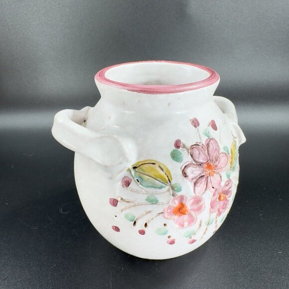 Vintage Italian Art Pottery Round Vase Vessel Carved Hand Painted Vase W Handles - Picture 10 of 12